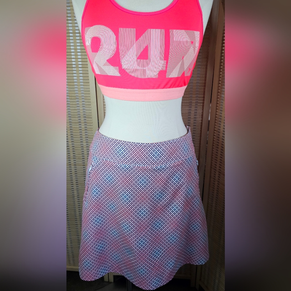 Neon Orange & Gray Dot Print Athletic Skort / Skirt With Shorts Attached Size 10